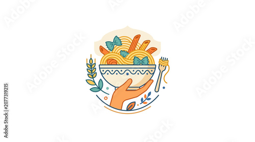 Hand Holding Bowl of Spaghetti Pasta with Fork and Garnish Illustration