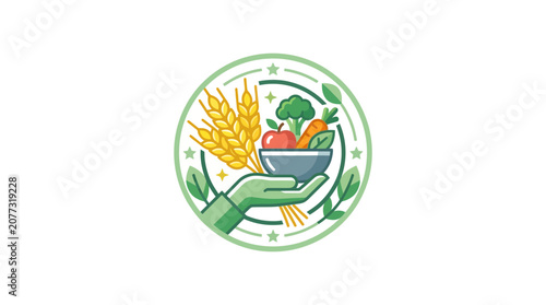 Hand Holding Bowl with Fresh Vegetables and Wheat Emblem