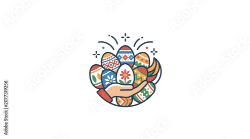 Hand Holding Colorful Decorative Easter Eggs with Floral Patterns