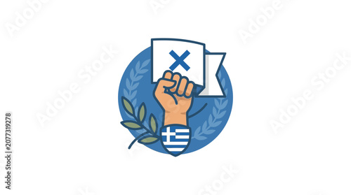 Hand Holding Flag with Greek Emblem and Olive Branch in Circular Badge