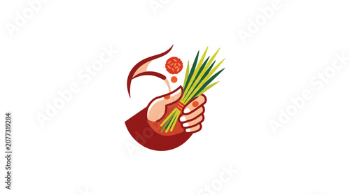 Hand Holding Fresh Lemongrass with Red Sauce Drop Vector Icon