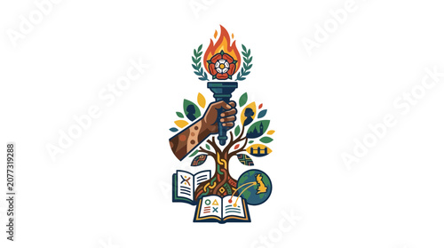 Hand Holding Educational Torch with Book, Tree and Globe Illustration