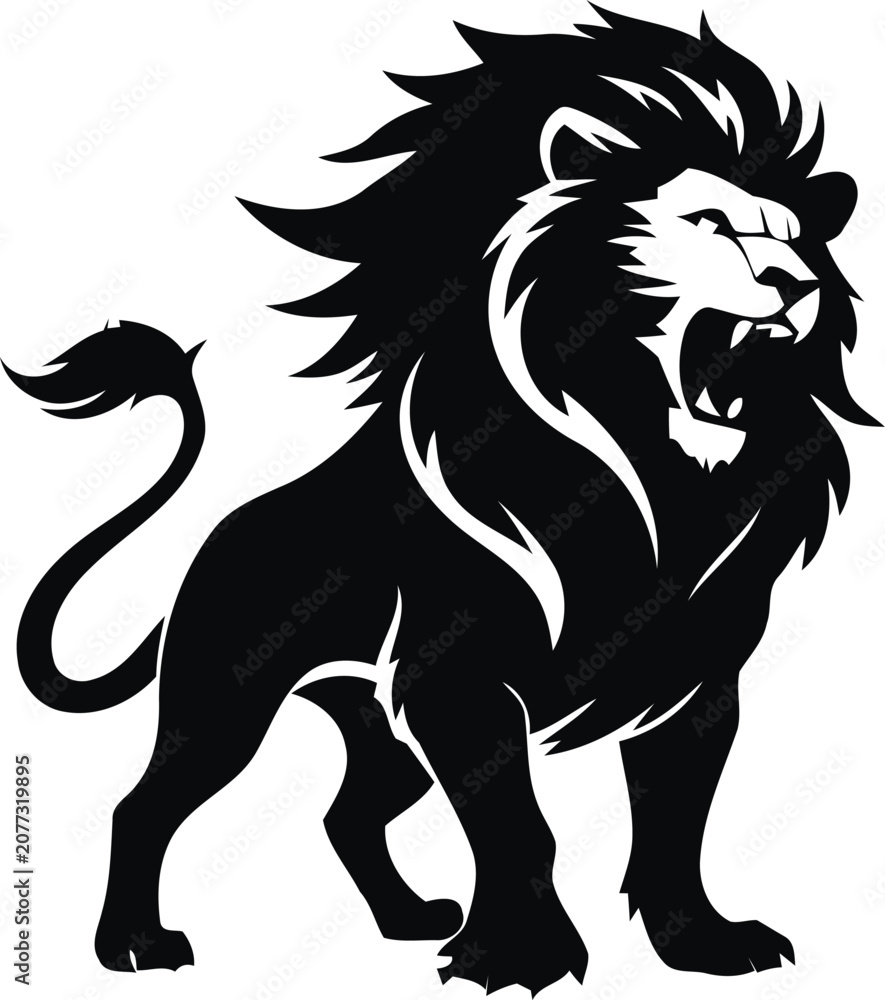 Fototapeta premium Majestic Roaring Lion Silhouette Vector Illustration with Wild Mane, Powerful Predator Animal Isolated on White Background Design Artwork