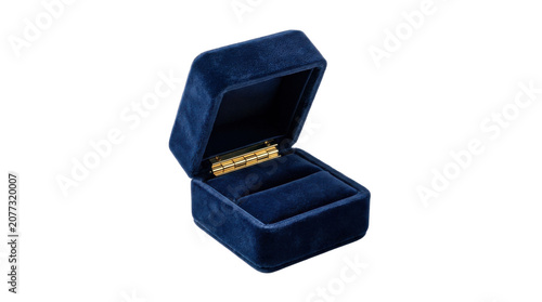 Open navy velvet jewelry case with golden hinge details, created to present an engagement ring or treasured accessory in a refined romantic gift box

