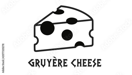 Tableau sur toile Very beautiful black and white vector of GRUYÈRE CHEESE featuring firm cheese texture and traditional wedge shape, isolated on white background, with a bold label reading GRUYÈRE CHEESE beneath