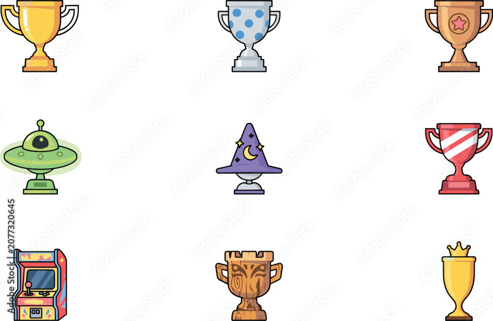 Obraz premium PrintFantasy Gaming Trophy and Award Vector Icon Set featuring Alien UFO Wizard Hats Retro Arcade Cabinets and Unique Level Achievement Cups for Mobile Game UI Designs