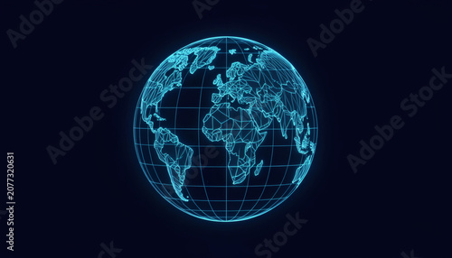 A Glowing Blue Digital Wireframe Globe Showing The Continents And Grid Lines Against A Dark Background