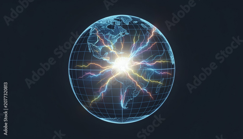 A Glowing Digital Wireframe Globe Centered On A Dark Background Showing The Americas With Vibrant Multicolored Lightning Like Energy Streaks Radiating Outwards From A Bright Flash In Central America