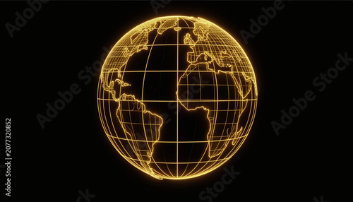 A Glowing Gold Wireframe Hologram Of The Earth Globe Against A Black Background