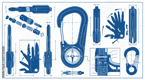Technical blueprint of a multi-tool carabiner vector with compass