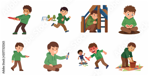 Tableau sur toile Vector Illustration of Little Boy Expressing Various Emotions and Behaviors in C