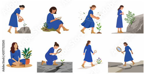 Set of flat vector illustrations of a woman in a blue dress caring for, studying, and protecting plants in various environments