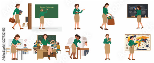 Professional female teacher character set in various classroom teaching activities and academic poses