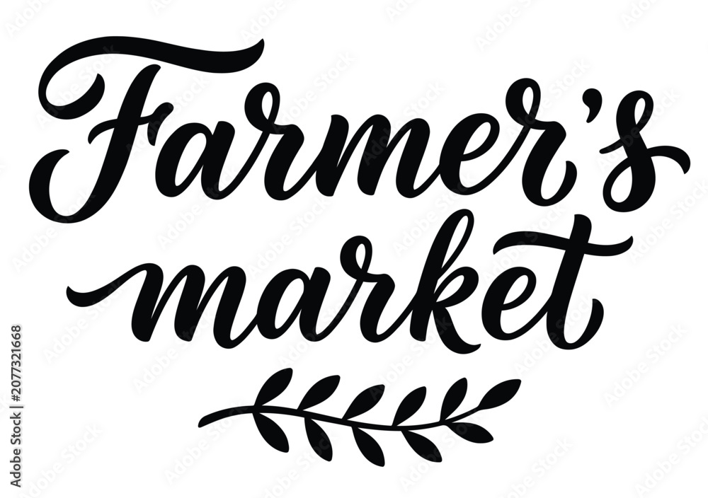Fototapeta premium Farmer’s Market Vector Logo with Cursive Typography and Decorative Leaf Branch Motif