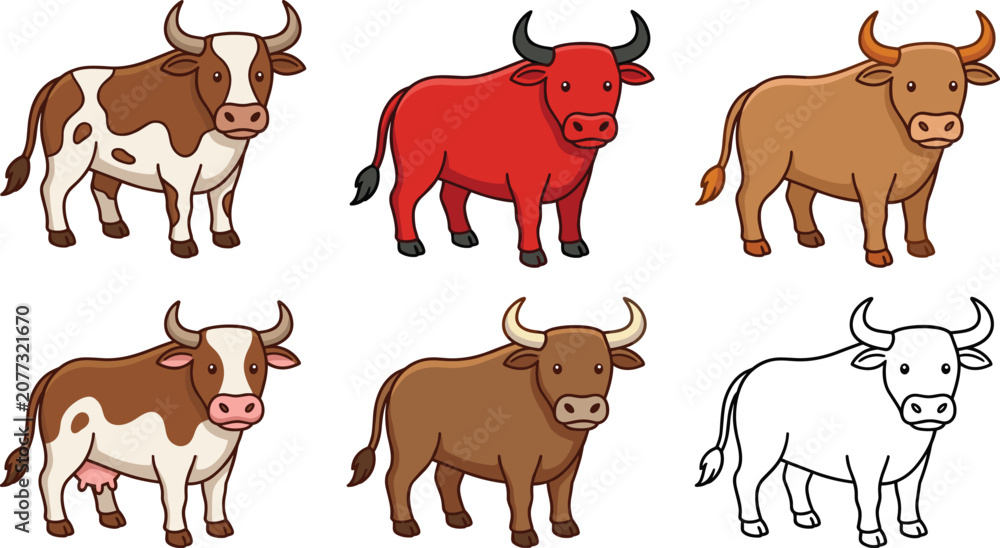 Obraz premium Cartoon bull and cow vector illustration set, cute cattle livestock collection isolated on white background