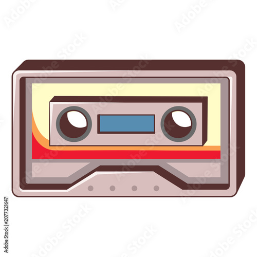 A retro cassette tape vector illustration featuring a clean flat design style, bold outlines, and vintage inspired colors (yellow, orange, red).