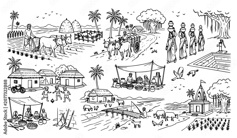Obraz premium Black and White Traditional Indian Village Life Vector Line Drawing Collection
