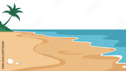 Bild auf Leinwand Tropical beach coastline scene with palm tree and ocean waves, summer seaside landscape, sandy shore illustration, peaceful coastal vacation destination vector illustration design concept