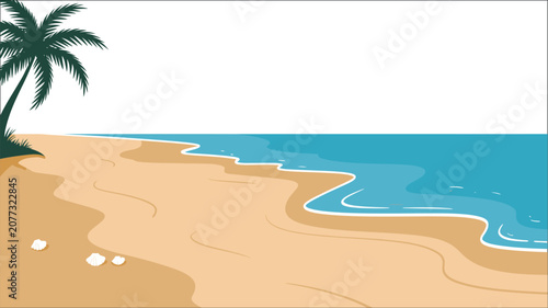 Foto Tropical beach coastline scene with palm tree and ocean waves, summer seaside landscape, sandy shore illustration, peaceful coastal vacation destination vector illustration design concept