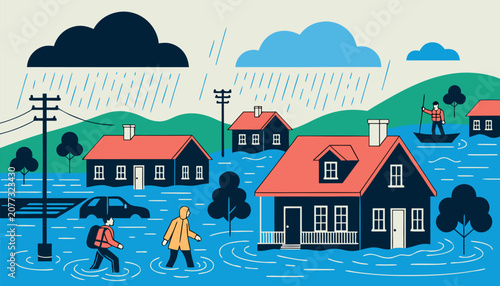 Bild auf Leinwand Flood Disaster from Heavy Rainfall with Rising Water Levels Flooding Residential
