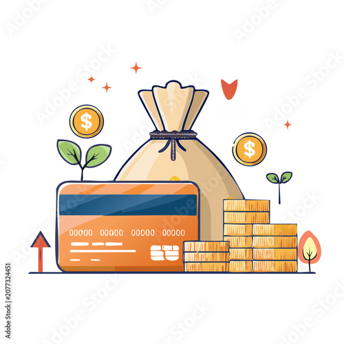 Flat illustration of money bag, credit card, coins, and gold bars