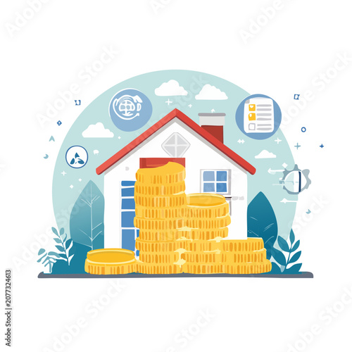 House with Stack of Gold Coins Vector Illustration