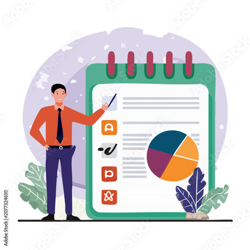 Man pointing at planner with checklist and pie chart