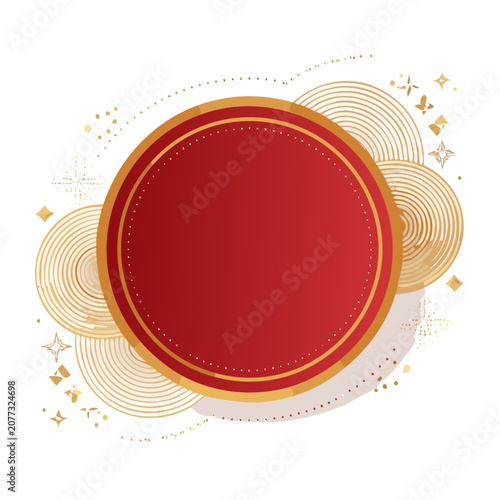 Red circular frame with golden decorative swirls and dots