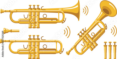 Fotografija Golden trumpet vector illustration set with musical instrument parts valves and mouthpiece isolated on white background for jazz concert festival audio design