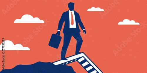 Business leader in suit overcoming adversity on bridge entrepreneurship mindset focus flat design illustration