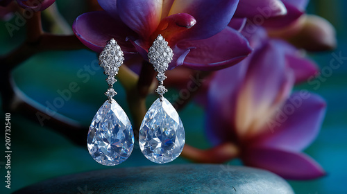 sparkling diamond drop earrings photographed with vibrant tropical flowers for luxury fashion advertising