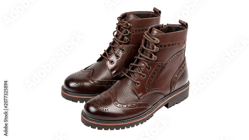 Cuadro en lienzo Pair of durable heavy duty brown leather work boots isolated on transparent back