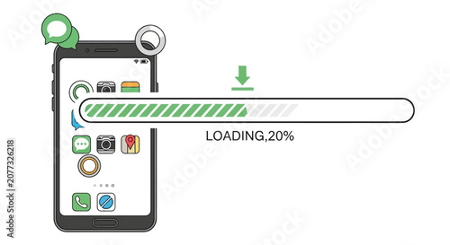 Smartphone screen with various app icons and loading progress bar