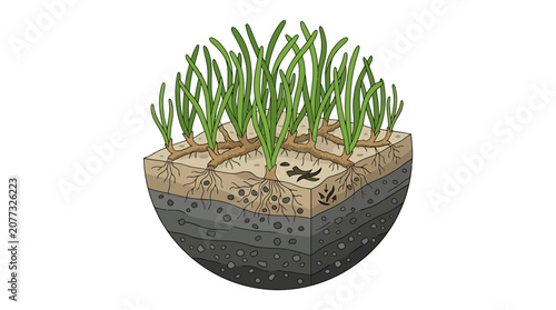 Seagrass roots in sediment layers demonstrating blue carbon storage