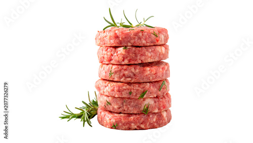 Bild auf Leinwand Stack pile of raw beef burger patties with rosemary isolated on transparent back