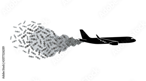 Commercial airplane silhouette emitting carbon dioxide molecules