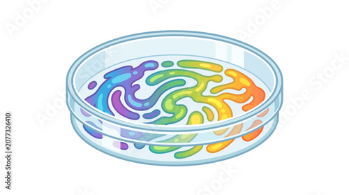 Petri dish with vibrant rainbow fluid swirls