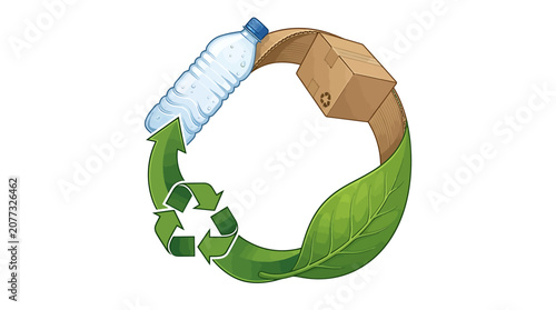 Circular recycling symbol composed of plastic bottle and leaf