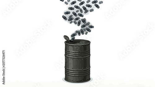 Industrial oil barrel releasing black carbon molecules
