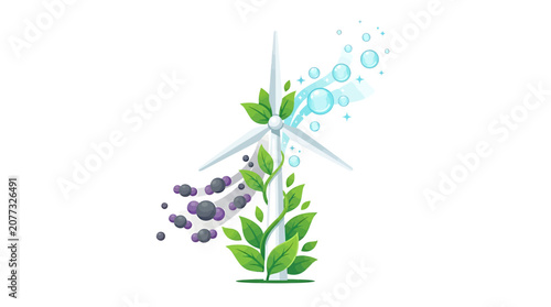 Wind turbine surrounded by green leaves and bubbles