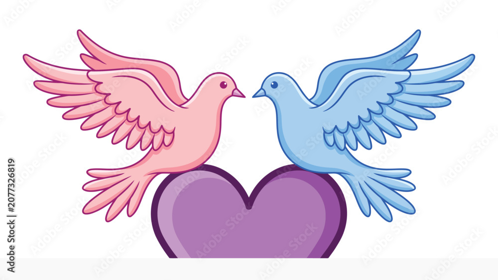 Fototapeta premium Cute cartoon love birds flying over heart vector illustration