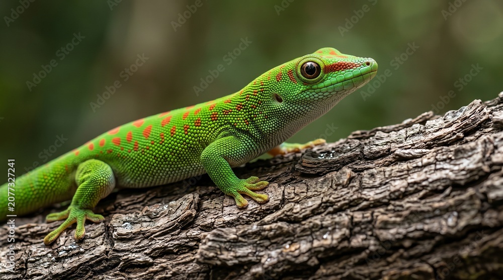 Fototapeta premium Bright green gecko with orange spots sitting on rough tree bark captured in macro photography for wildlife and environmental projects