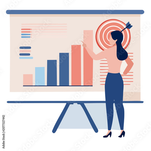 Businesswoman presenting bar chart and target illustration