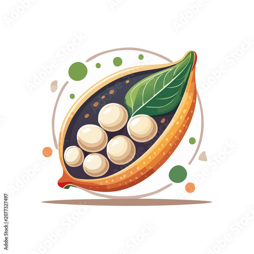 Cacao pod with beans and leaf flat vector illustration