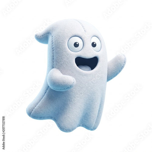 Cute ghost character with soft felt texture, friendly white phantom mascot waving, 3D render of a happy spooky spirit isolated on white background