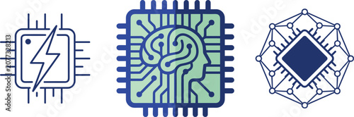 Artificial intelligence and computer processor microchip icon vector set featuring lightning bolt power symbol circuit brain profile and geometric neural network node design on white background