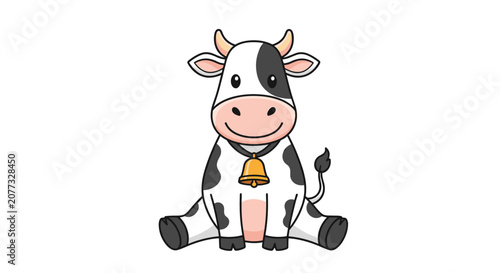 Sweet cartoon cow with black spots and a pink nose sits down wearing a golden bell around its neck on a plain white background.