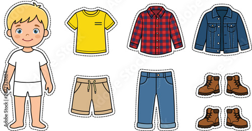 Cute cartoon paper doll little boy character vector sticker set with casual clothes including yellow shirt plaid flannel denim jacket shorts jeans boots isolated background