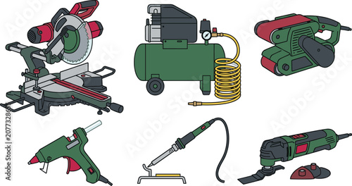 Power tools workshop equipment vector illustration set featuring miter circular saw air compressor belt sander hot glue gun soldering iron and oscillating multi tool on white background