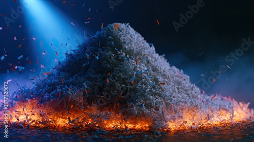 Abstract Mountain of Paper Shreds Ignited by Fiery Flames Under Blue Spotlight.